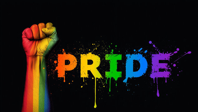 Rainbow fist with the word PRIDE in rainbow colors on a black background.