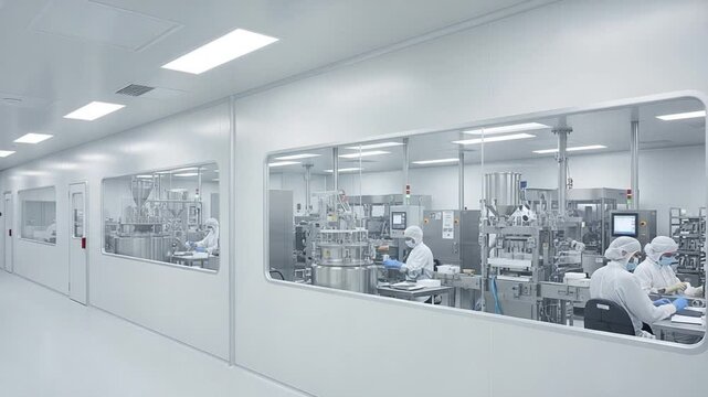 Pharmaceutical Manufacturing: Workers in Cleanroom Environment Production Process.