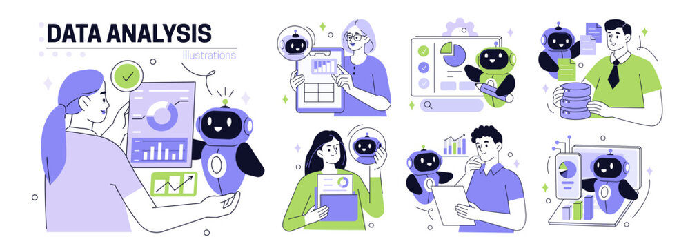 Data analysis set. Collection of characters using artificial intelligence generative tools to analyze, collecting, managing datasets. Analytics concept. Vector illustration.
