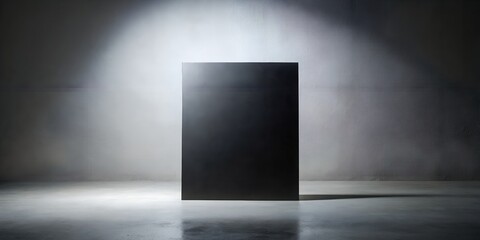 A stark black rectangular object stands centered in a dimly lit studio, illuminated by a single spotlight creating dramatic shadows and highlighting the textured concrete wall and glossy floor