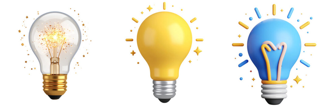Three-Dimensional Cartoon Style Light Bulbs with Sparkles on Transparent Background Illustrating Ideas and Innovation