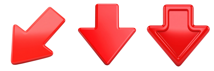 Three Dimensional Plastic Red Arrow Icons Pointing Down On Transparent Background