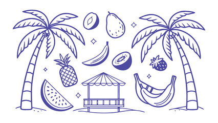Obraz premium Blue outline tropical beach scene with palm trees fruits and cabana banana