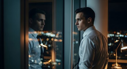 A pensive businessman gazes out of a window at the city lights reflecting his contemplative mood and solitary evening