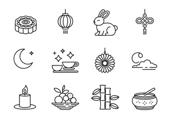 Chinese Mid Autumn Festival icons mooncake lantern rabbit bamboo tea cup candle fruit vector