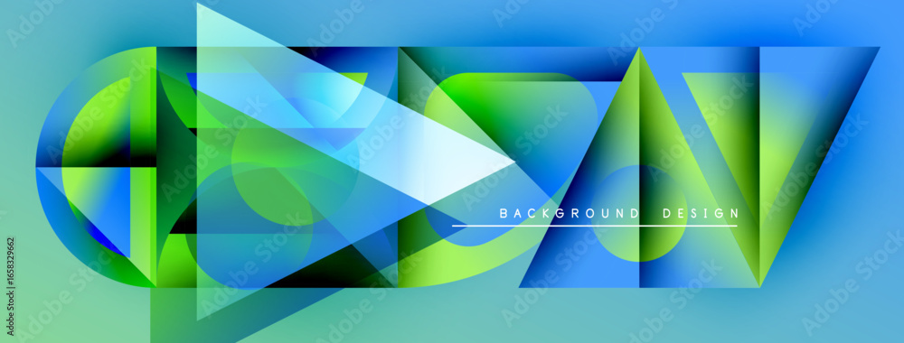 Poster abstract geometric composition. blue, green hues dominate. shapes overlap, creating dynamic visual e
