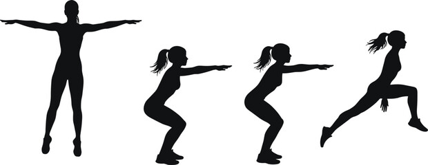 Silhouette, exercise sequence, arms out, squat, deep squat, jump lunge, workout, training, fitness, sport, motion, energy, active, body, lifestyle, health, activity, balance, vector illustration