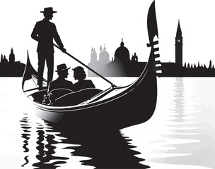 A gondolier steers a gondola with a couple through the canals of venice