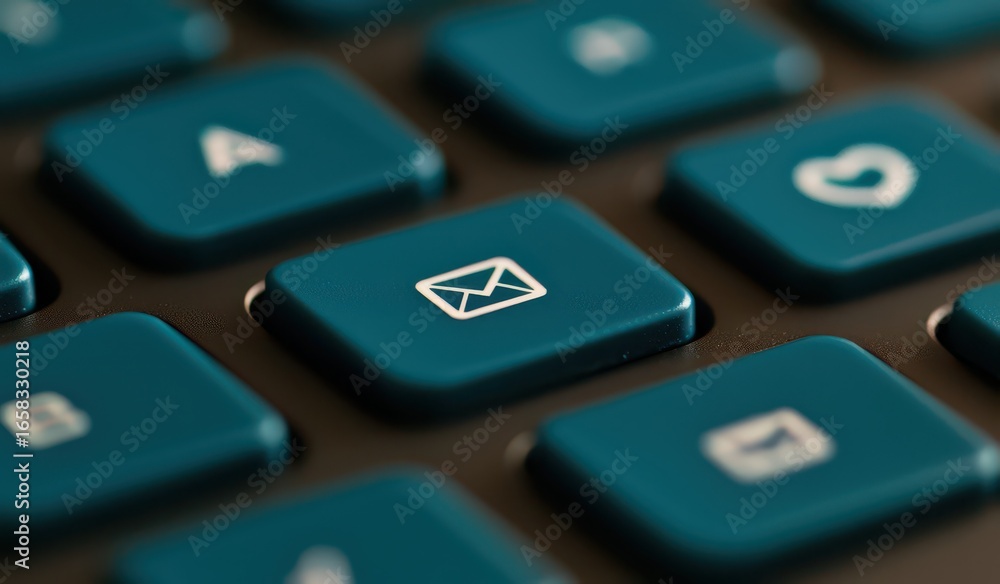 Poster close-up of email icon on modern computer keyboard in teal color