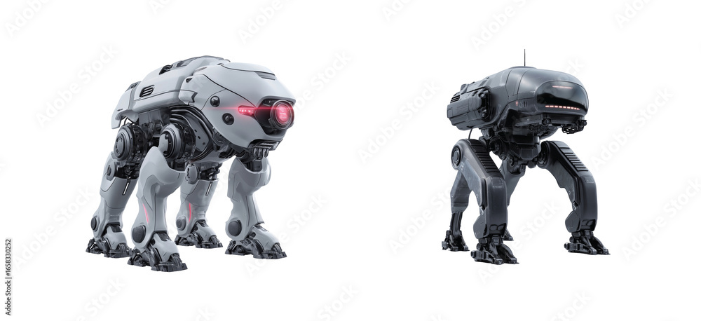 Poster robots with animal features stand in a row displaying advanced technology 3d