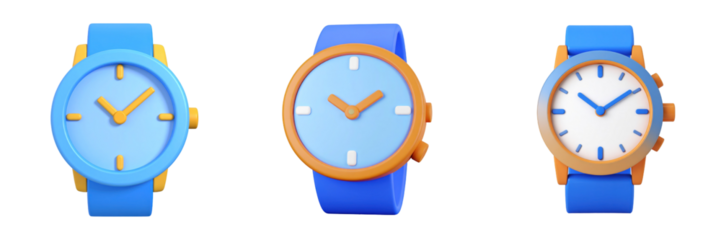 Three Dimensional Plastic Style Wrist Watches In Shades Of Blue And Orange Colors Isolated Against Transparent Background Representing Modern Timekeeping Fashion Accessories