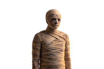 Ancient Egyptian mummy wrapped in weathered brown bandages with visible eyes peering through fabric gaps, isolated on a transparent background