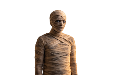 Ancient Egyptian mummy wrapped in weathered brown bandages with visible eyes peering through fabric gaps, isolated on a transparent background