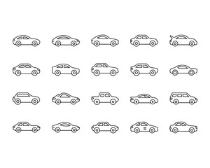 Collection of black outline car icons in various styles on white background automobile vehicle