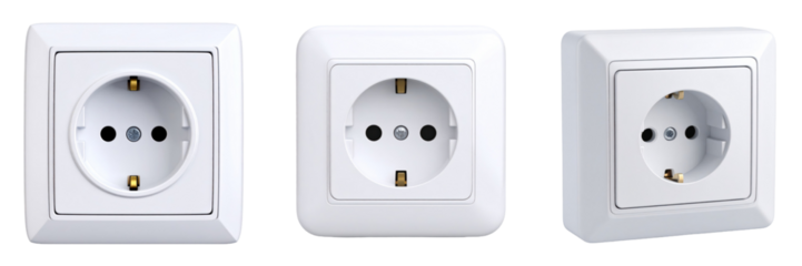 3D Plastic Style Power Sockets Isolated On Transparent Background White Plastic Electrical Wall Sockets Showing Round And Square Shapes Different Perspective Views