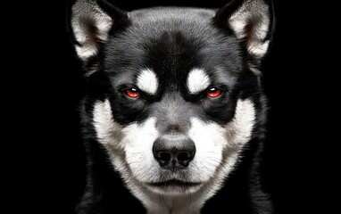 Obraz premium Intense Black and White Dog Portrait with Red-Eyed Stare