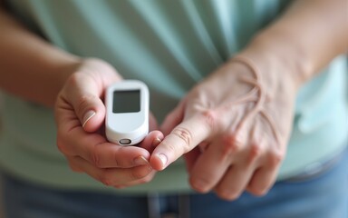 Diabetes monitoring with blood sugar test on elderly woman fingertip. High quality