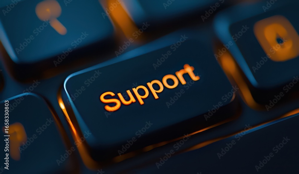 Poster close-up view of support key on modern keyboard with backlighting