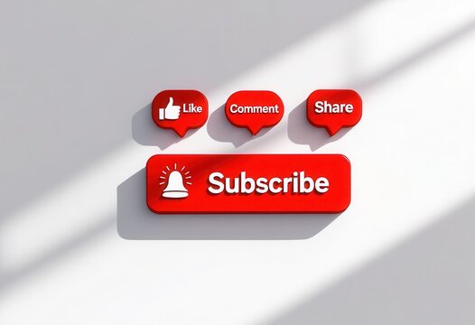 Red 3D rendered social media buttons on a white background; "Like," "Comment," "Share," and a prominent "Subscribe" button with notification bell icon, cast shadows from sunlight
