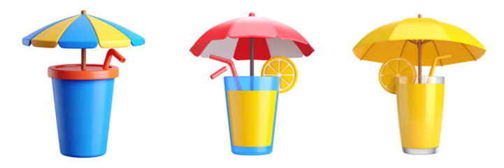 3D Plastic Style Drinks With Umbrellas And Straws Isolated On Transparent Background Colorful Refreshing Summer Beverage Illustration