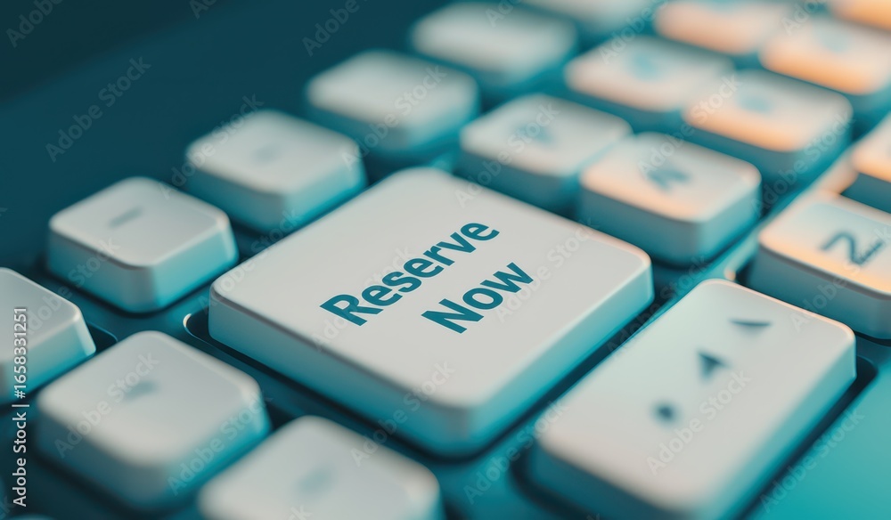 Poster close-up of reserve now key on computer keyboard in modern design