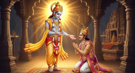 Lord Vamana Blessing King Bali in Temple Aura