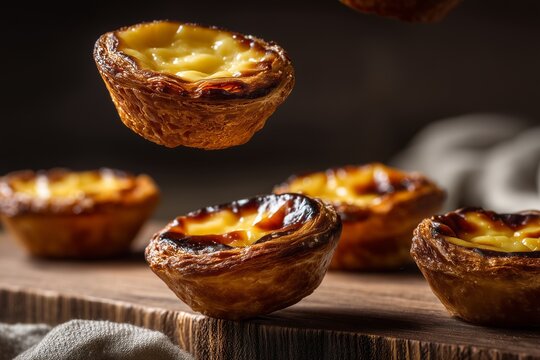 Description:
Traditional Portuguese pastel de nata pastries, golden, crispy custard tarts with caramelized tops. Food photography