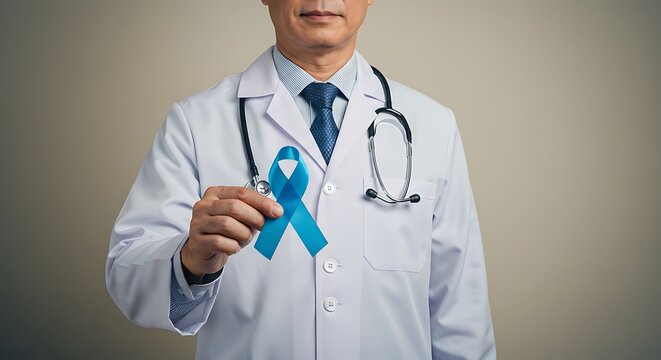Doctor Holding Blue Ribbon Medical Professional Awareness, Health Support - Powered by Adobe