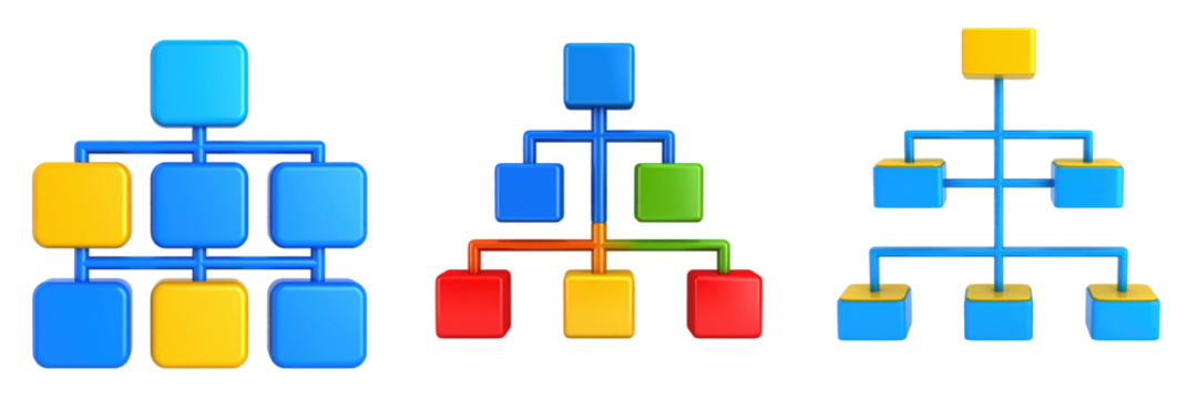 Three Dimensional Plastic Style Hierarchy Icon Blue And Yellow Colors With Connection Lines For Presentation