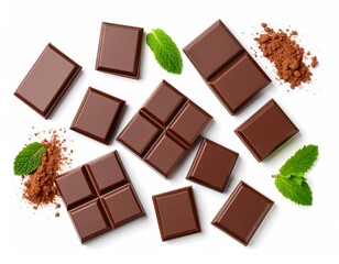 Assorted Dark Chocolate Squares Surrounded by Cocoa Powder and Fresh Mint Leaves