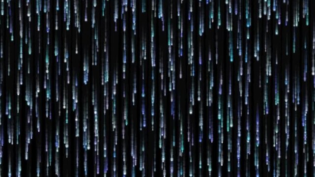 Infinite Vertical Rain of Sparkling Sequined Particles With Varying Brightness and Size in Evenly Spaced Columns on a Black Background Featuring Gentle Flicker and Natural Rhythmic Flow