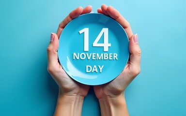 World diabetes day inscription. Blue circle in woman hands on a blue background. 14 november. Copy space. Top view banner. High quality