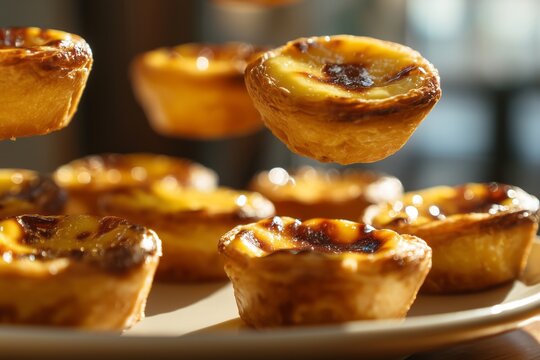 Description:
Traditional Portuguese pastel de nata pastries, golden, crispy custard tarts with caramelized tops. Food photography - Powered by Adobe