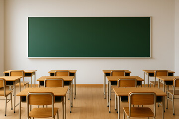 Empty classroom with wooden desks and large green chalkboard on white wall
