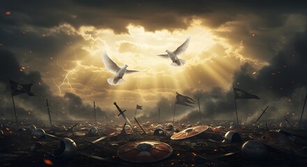 Dramatic battlefield scene with white doves soaring peacefully under a stormy sky, symbolizing hope and resilience amidst conflict, ideal for fantasy book covers or historical drama