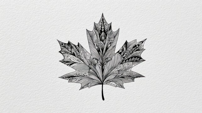 Intricate black/white drawing of maple leaf against textured paper backdrop