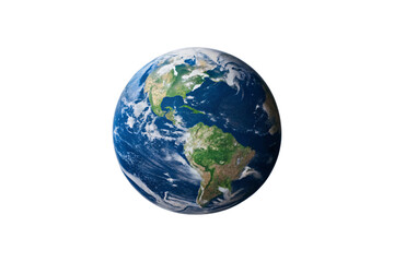 Fototapeta premium Realistic Earth globe showing Americas with detailed continents, clouds, and blue oceans, isolated on a transparent background