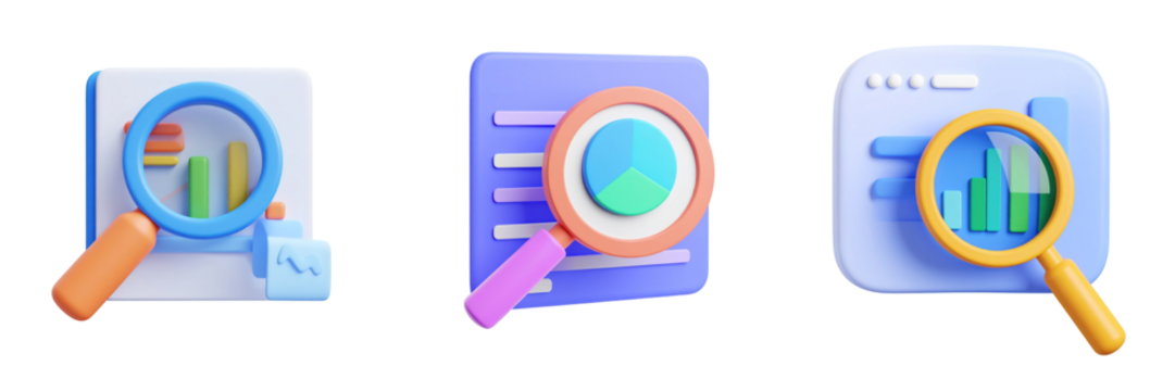 Three Dimensional Plastic Style Magnifying Glass Icons Overlapping Documents Presenting Data Analysis and Visualization - Powered by Adobe