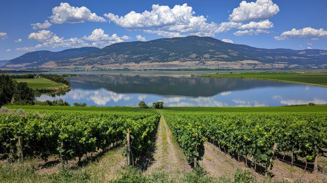 Scenic Vineyard Landscape with Reflections and Blue Sky
