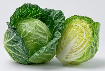 Obraz premium Fresh Green Cabbage with Crisp Leaves and Light Texture on a White Background