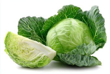 Fototapeta premium Fresh green cabbage with leafy outer layers and a sliced portion revealing crisp interior on a white background