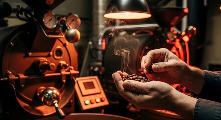 Coffee Roasting Process Close-up of Hands Holding Roasted Beans with Roaster in the Background
