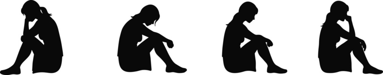 Silhouette, four figures, seated, contemplation, reflection, meditation, calm, rest, posture, human form, peaceful, mindfulness, emotion, stillness, introspection, mental health, 