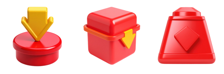 3D Plastic Style Icons Set Featuring Red Download Button Box and Unique Abstract Shapes Against Transparent Background