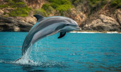 A leaping dolphin in turquoise water, near rocky cliffs and lush vegetation