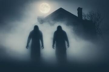 Spooky Silhouettes of Figures Against a Moonlit Haunted House