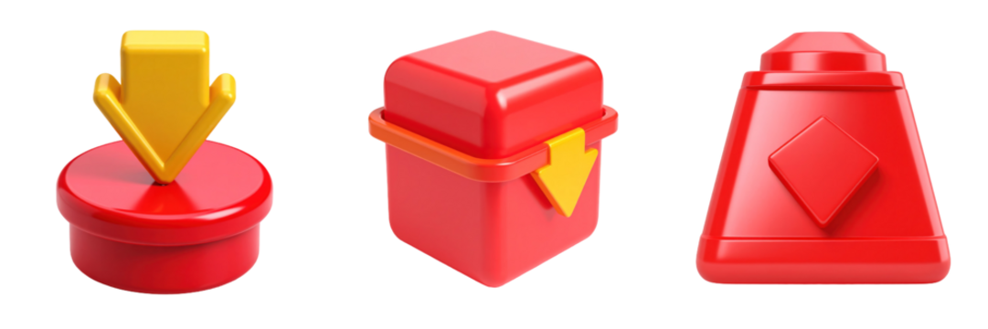 3D Plastic Style Icons Set Featuring Red Download Button Box and Unique Abstract Shapes Against Transparent Background
