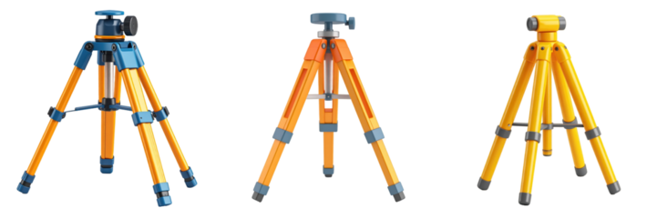 3D Plastic Style Tripods Set On Transparent Background Offering Photography Support in Various Colors