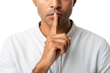 Man in light sweater making shush sign with index finger pressed, isolated on a transparent background