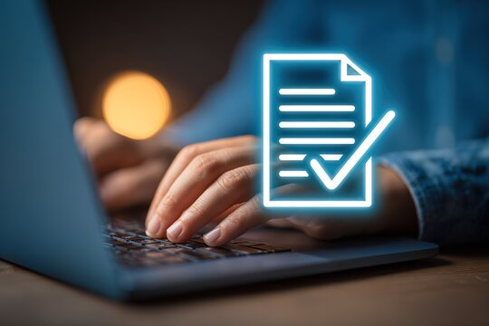 Digital Document Approval Concept - Hands Typing on Laptop with Verified File Icon